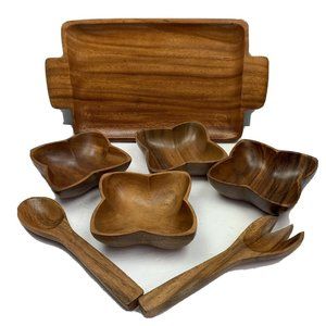 Tundra Wooden Salad Bowl Set MCM 7 Piece Set Wood Serving Tray Utensils Vintage
